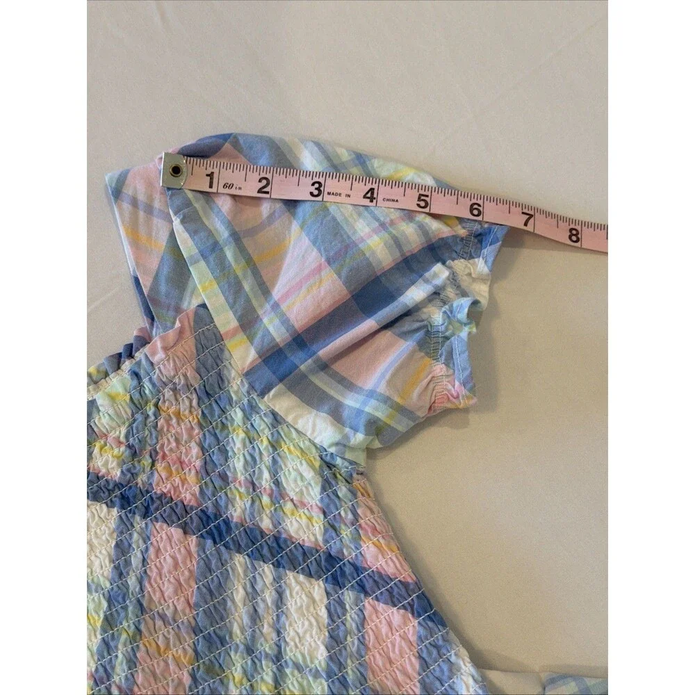 Gymboree Pastel Plaid Smocked Dress Girls Sz 12 100% Cotton Pink Blue Preppy EUC